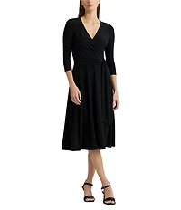 Lauren Ralph Lauren Wrap Front V-Neck 3/4 Sleeve Jersey Machine Washable Midi Dress