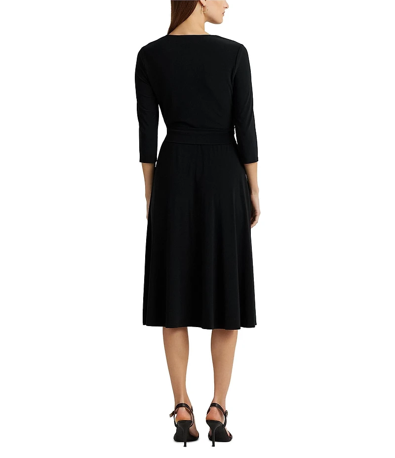 Lauren Ralph Lauren Wrap Front V-Neck 3/4 Sleeve Jersey Machine Washable Midi Dress
