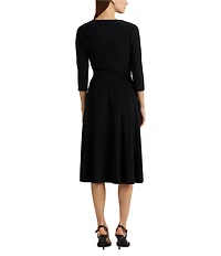 Lauren Ralph Lauren Wrap Front V-Neck 3/4 Sleeve Jersey Machine Washable Midi Dress