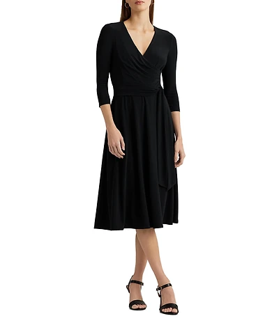 Lauren Ralph Lauren Wrap Front V-Neck 3/4 Sleeve Jersey Machine Washable Midi Dress