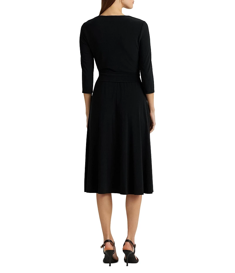 Lauren Ralph Lauren Wrap Front V-Neck 3/4 Sleeve Jersey Machine Washable Midi Dress
