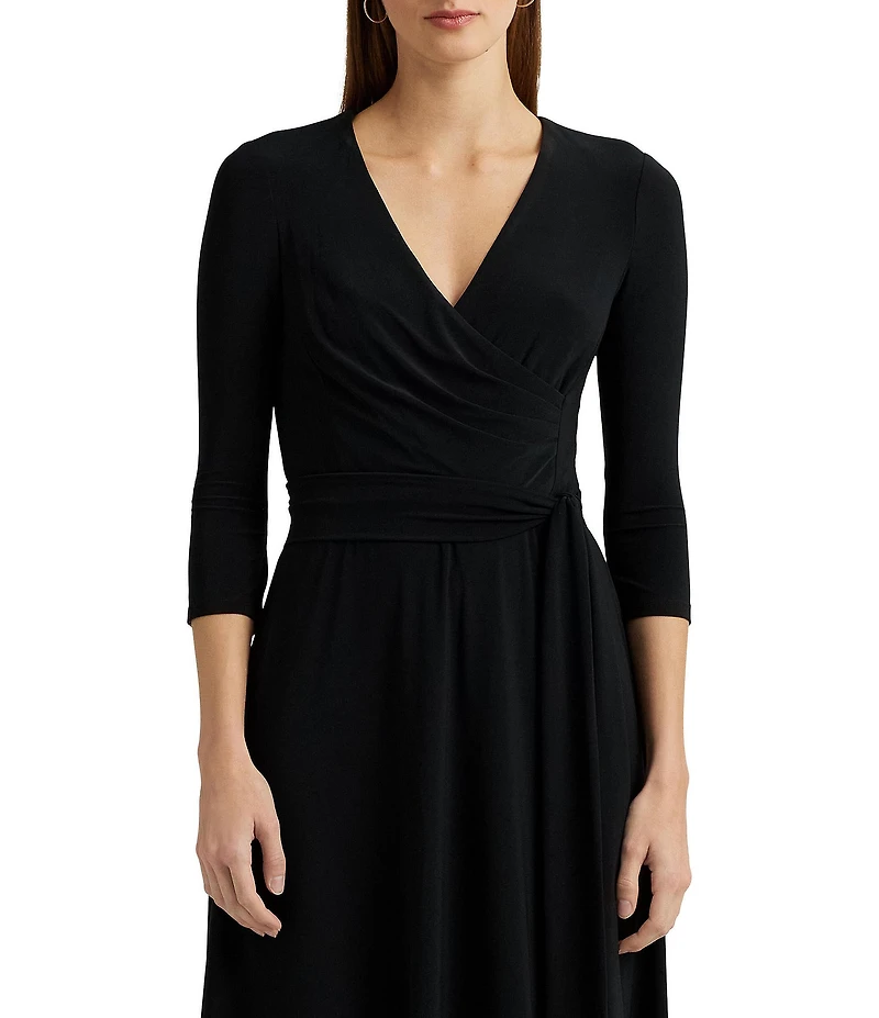 Lauren Ralph Lauren Wrap Front V-Neck 3/4 Sleeve Jersey Machine Washable Midi Dress