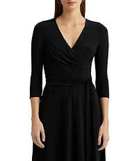 Lauren Ralph Lauren Wrap Front V-Neck 3/4 Sleeve Jersey Machine Washable Midi Dress