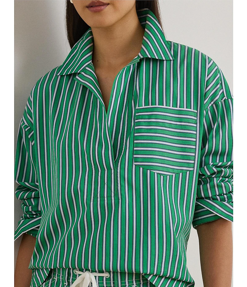 Lauren Ralph Lauren Yarn-Dyed Cotton Broadcloth Stripe Spread Collar Long Sleeve Coordinating Boxy Shirt