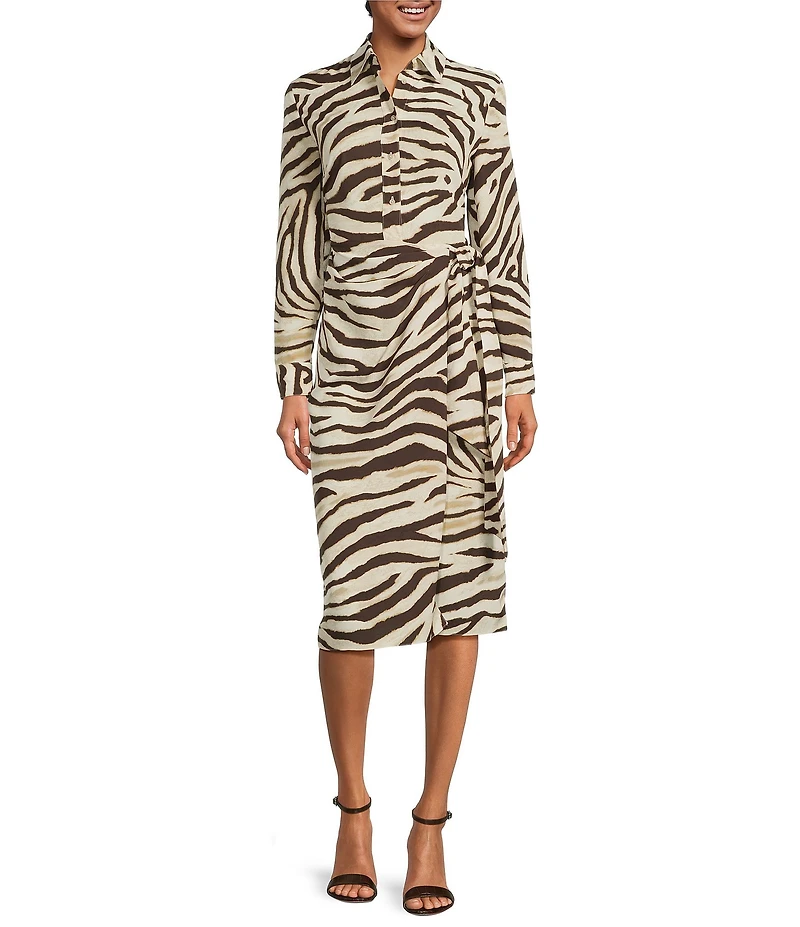Lauren Ralph Lauren Zebra Crepe De Chine Point Collar Tie Front Faux Wrap Dress