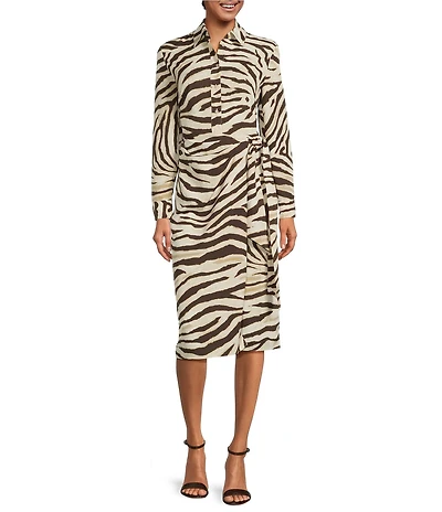 Lauren Ralph Lauren Zebra Crepe De Chine Point Collar Tie Front Faux Wrap Dress