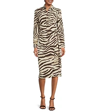 Lauren Ralph Lauren Zebra Crepe De Chine Point Collar Tie Front Faux Wrap Dress