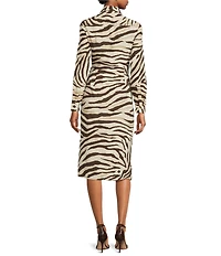 Lauren Ralph Lauren Zebra Crepe De Chine Point Collar Tie Front Faux Wrap Dress