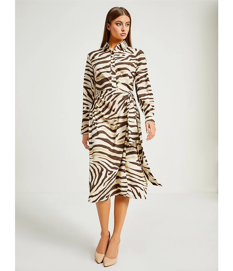 Lauren Ralph Lauren Zebra Crepe De Chine Point Collar Tie Front Faux Wrap Dress
