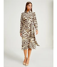 Lauren Ralph Lauren Zebra Crepe De Chine Point Collar Tie Front Faux Wrap Dress