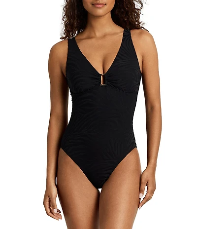 Lauren Ralph Lauren Zebra Jacquard Front Rectangle Ring Underwire V-Neck One Piece Swimsuit