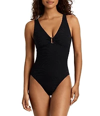 Lauren Ralph Lauren Zebra Jacquard Front Rectangle Ring Underwire V-Neck One Piece Swimsuit