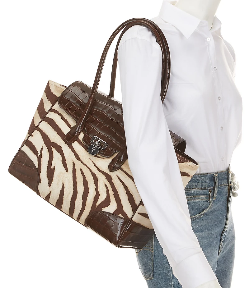 Lauren Ralph Lauren Tanner Large Zebra Print Canvas Padlock Satchel Bag