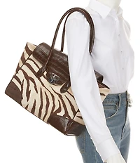 Lauren Ralph Lauren Tanner Large Zebra Print Canvas Padlock Satchel Bag