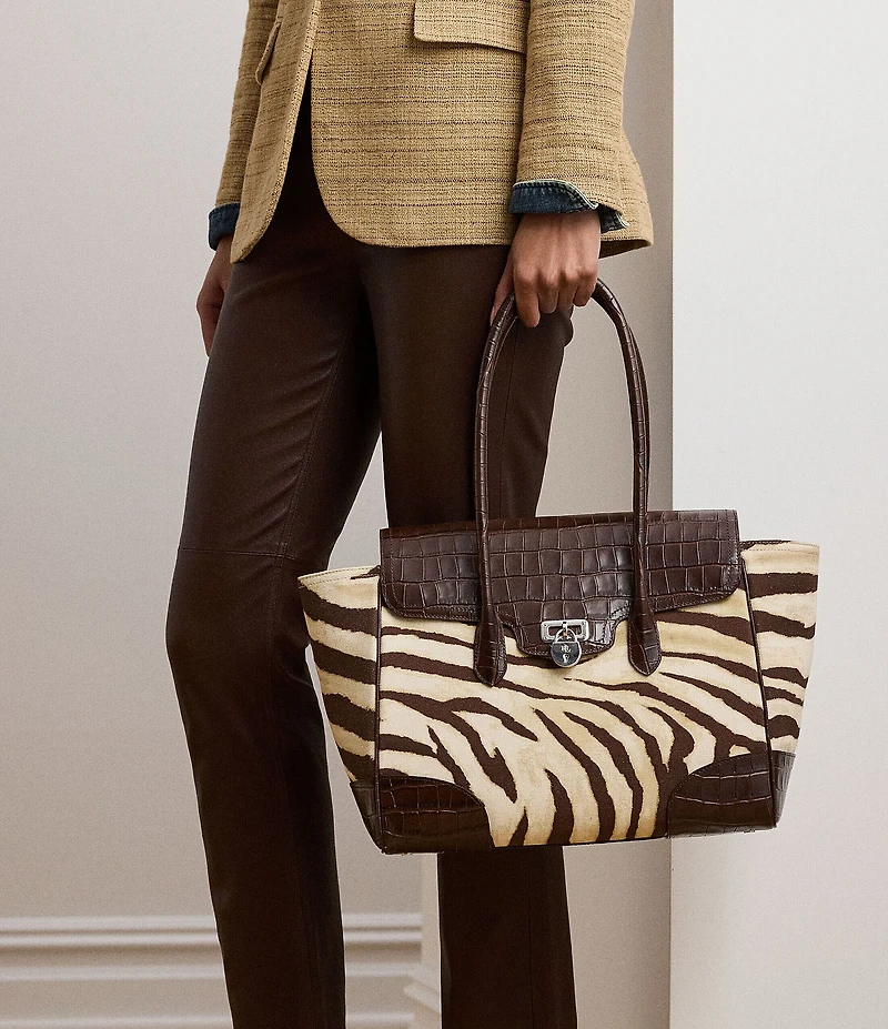 Lauren Ralph Lauren Tanner Large Zebra Print Canvas Padlock Satchel Bag