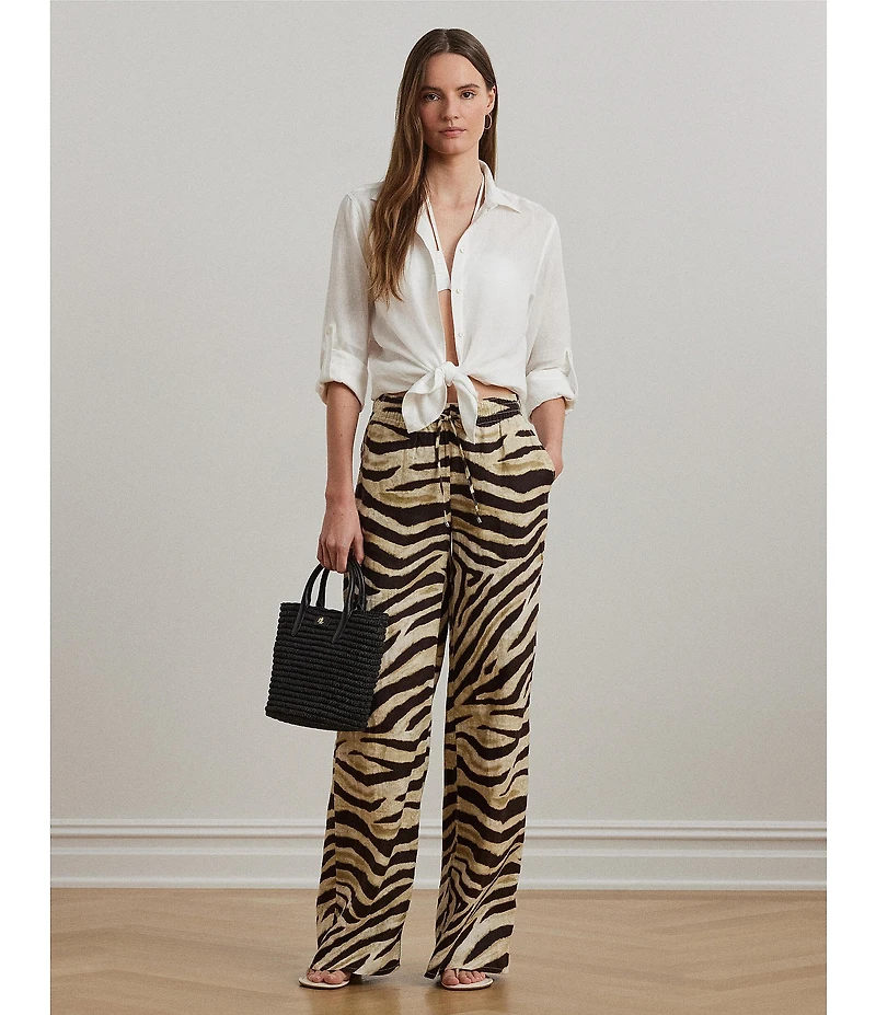 Lauren Ralph Lauren Zebra Print Linen Wide-Leg Pull-On Pants