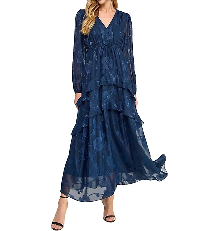 Layered With Love Alice Jacquard Chiffon Long Sleeve V-Neck Ruffle Tiered A-Line Maxi Dress