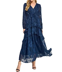 Layered With Love Alice Jacquard Chiffon Long Sleeve V-Neck Ruffle Tiered A-Line Maxi Dress