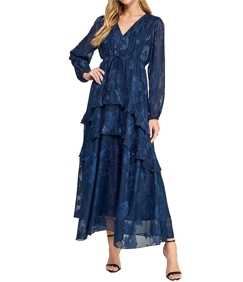 Layered With Love Alice Jacquard Chiffon Long Sleeve V-Neck Ruffle Tiered A-Line Maxi Dress