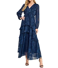 Layered With Love Alice Jacquard Chiffon Long Sleeve V-Neck Ruffle Tiered A-Line Maxi Dress