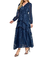 Layered With Love Alice Jacquard Chiffon Long Sleeve V-Neck Ruffle Tiered A-Line Maxi Dress