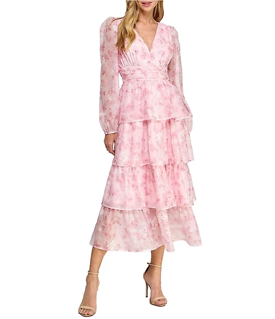 Layered With Love Amanda Organza Chiffon Floral Print V-Neck Long Sleeve Ruffle Tiered A-Line Midi Dress
