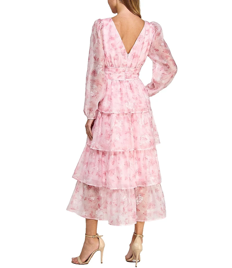 Layered With Love Amanda Organza Chiffon Floral Print V-Neck Long Sleeve Ruffle Tiered A-Line Midi Dress
