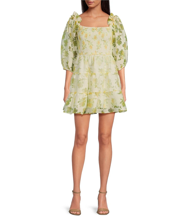 Layered With Love Beau Floral Burnout Jacquard Square Neck 3/4 Sleeve A-Line Mini Dress