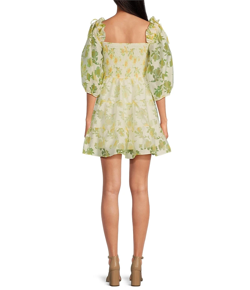 Layered With Love Beau Floral Burnout Jacquard Square Neck 3/4 Sleeve A-Line Mini Dress
