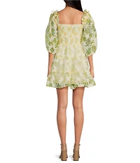 Layered With Love Beau Floral Burnout Jacquard Square Neck 3/4 Sleeve A-Line Mini Dress