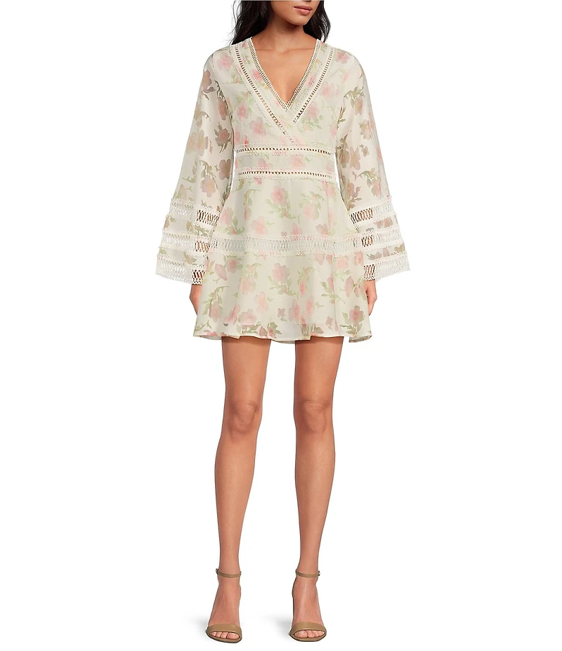 Layered With Love Blair Floral Burnout Jacquard V Neck Long Sleeve A-Line Mini Dress