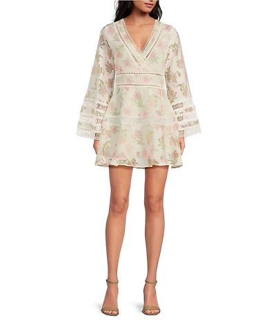 Layered With Love Blair Floral Burnout Jacquard V Neck Long Sleeve A-Line Mini Dress