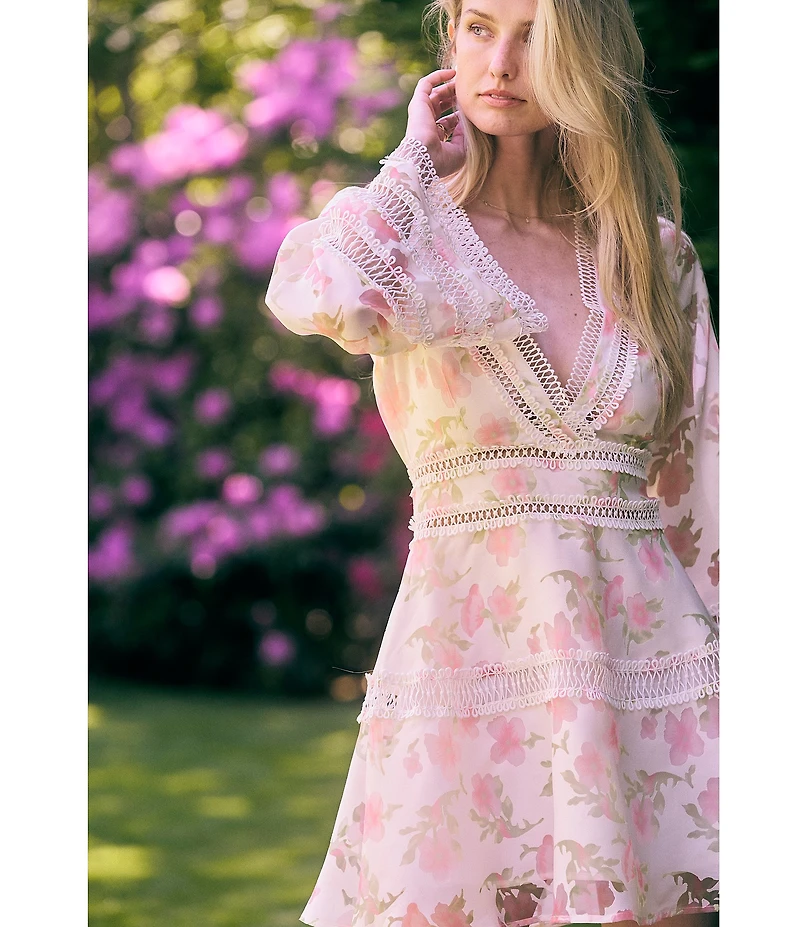 Layered With Love Blair Floral Burnout Jacquard V Neck Long Sleeve A-Line Mini Dress