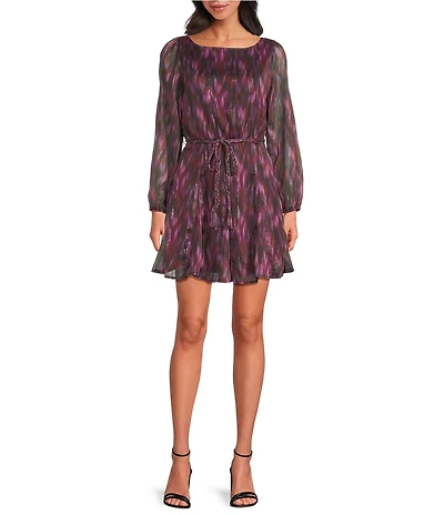 Layered With Love Boat Neck Long Sleeve Abstract Printed Yoru Chiffon Sheath Dress