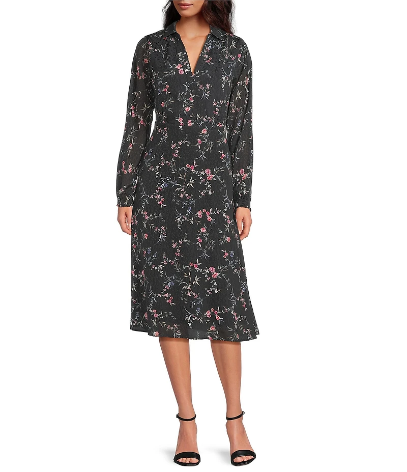 Layered With Love Collared 3/4 Sleeve Floral Printed Jacquard A-Line Midi Dress