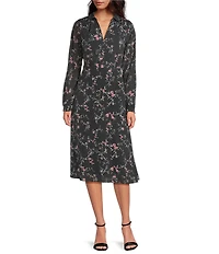 Layered With Love Collared 3/4 Sleeve Floral Printed Jacquard A-Line Midi Dress