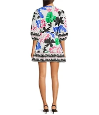 Layered With Love Crew Neck 3/4 Sleeve Printed Cotton Poplin A-Line Mini Dress
