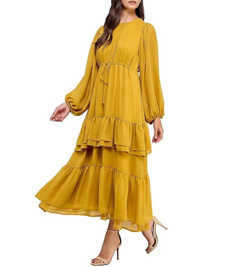 Layered With Love Crew Neck Long Sleeves Elastic Tie Waist Tiered Ruffle Yoru Chiffon Maxi Dress