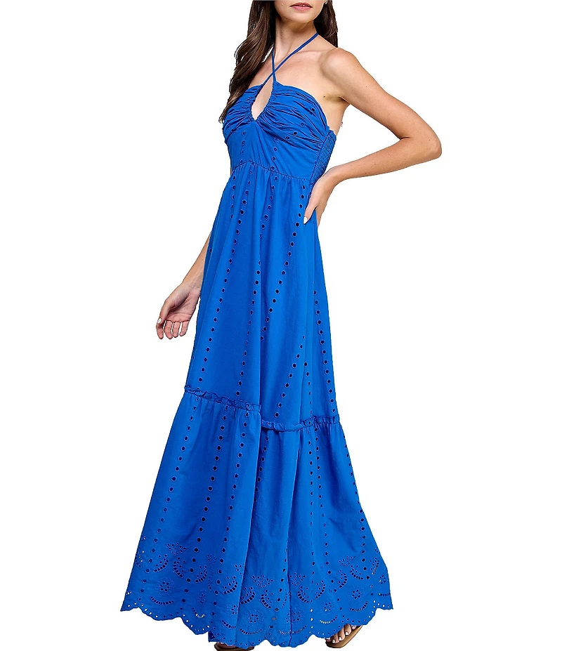 Layered With Love Daisy Keyhole Halter Sleeveless Smocked Back Shirred Bust Cotton Eyelet Maxi Dress