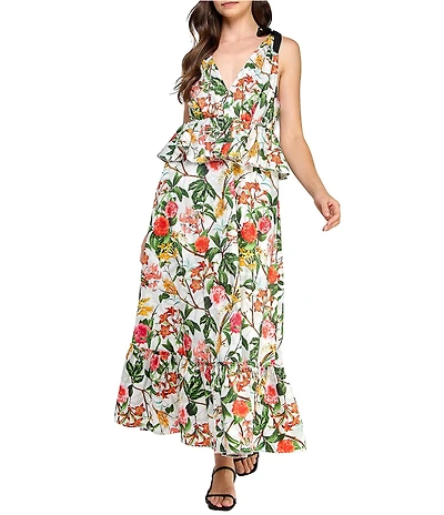 Layered With Love Daniela Floral Print V-Neck Sleeveless Peplum Maxi Dress