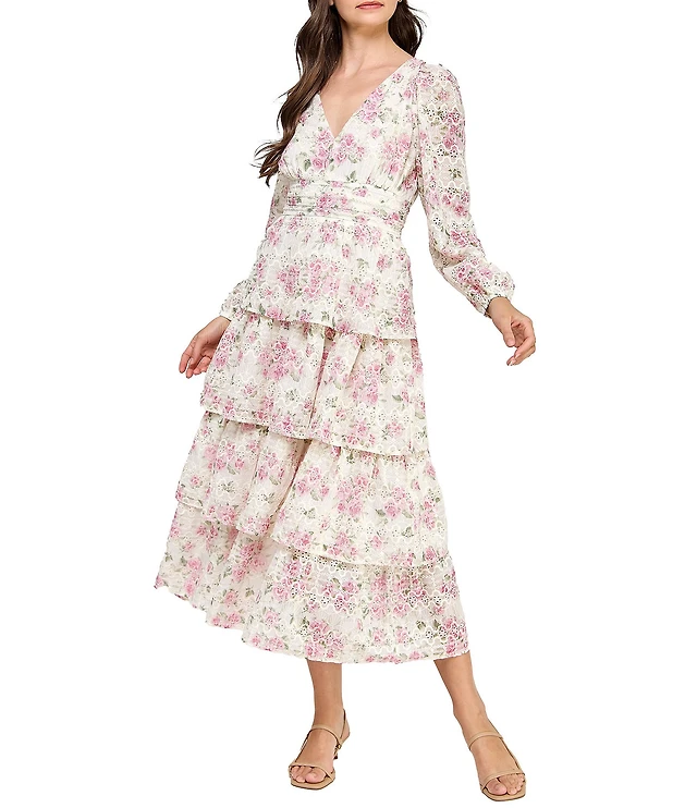 Layered With Love Embroidered Chiffon Long Sleeve Tiered Floral Midi Dress  at CoolSprings Galleria in Franklin, TN