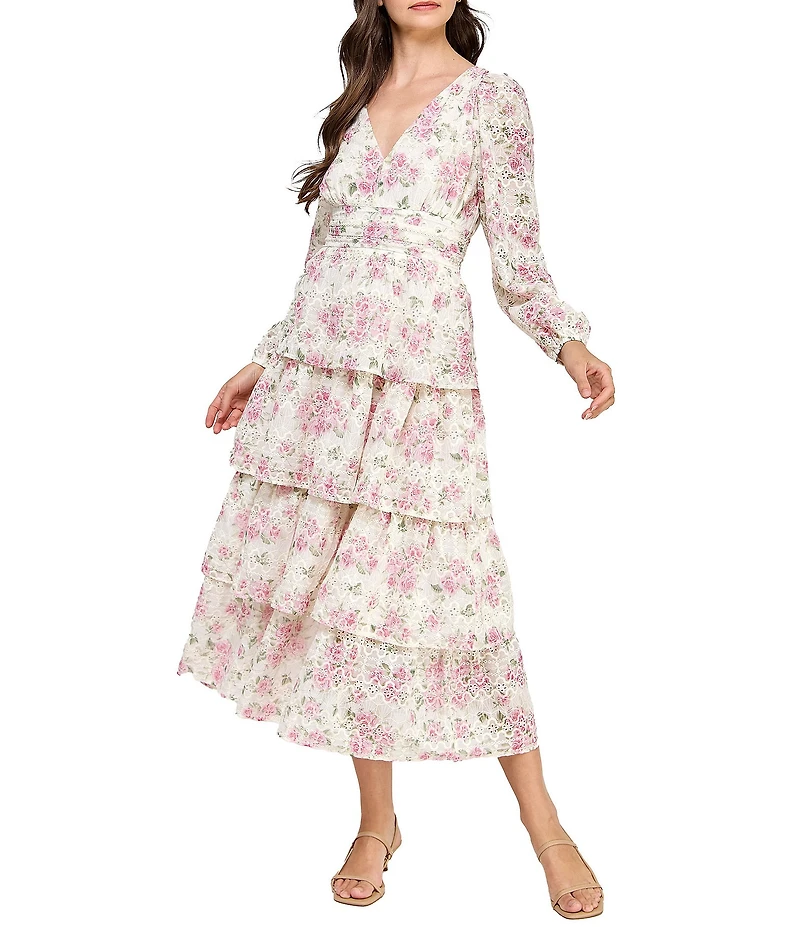 Layered With Love Embroidered Chiffon Long Sleeve Tiered Floral Midi Dress