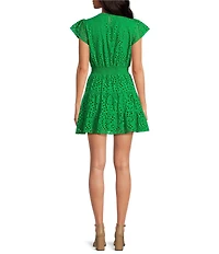 Layered With Love Eyelet Embroidered V Neck Short Flutter Sleeve Tiered A-Line Mini Dress