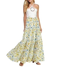 Layered With Love Floripa Jacquard Floral Print Halter Neck Sleeveless Cut Out A-Line Maxi Dress
