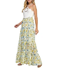 Layered With Love Floripa Jacquard Floral Print Halter Neck Sleeveless Cut Out A-Line Maxi Dress