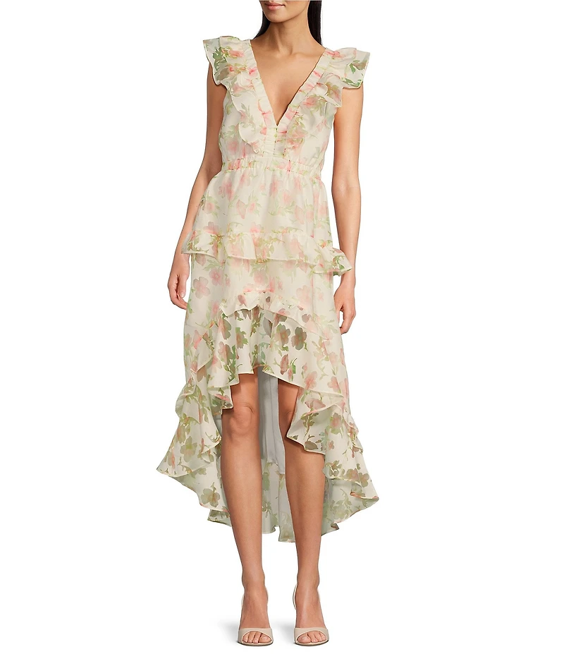 Layered With Love Isabella Burnout Floral Jacquard V-Neck Sleeveless Ruffle Hi-Low Hem A-Line Midi Dress