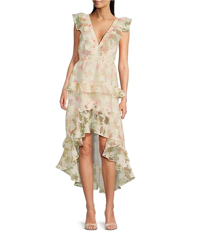 Layered With Love Isabella Burnout Floral Jacquard V-Neck Sleeveless Ruffle Hi-Low Hem A-Line Midi Dress