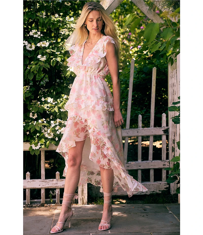 Layered With Love Isabella Burnout Floral Jacquard V-Neck Sleeveless Ruffle Hi-Low Hem A-Line Midi Dress