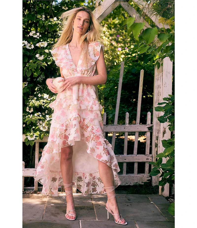 Layered With Love Isabella Burnout Floral Jacquard V-Neck Sleeveless Ruffle Hi-Low Hem A-Line Midi Dress