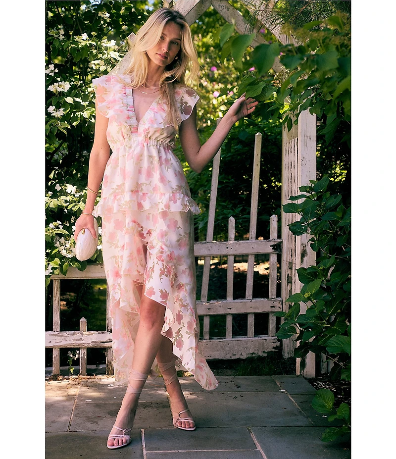 Layered With Love Isabella Burnout Floral Jacquard V-Neck Sleeveless Ruffle Hi-Low Hem A-Line Midi Dress
